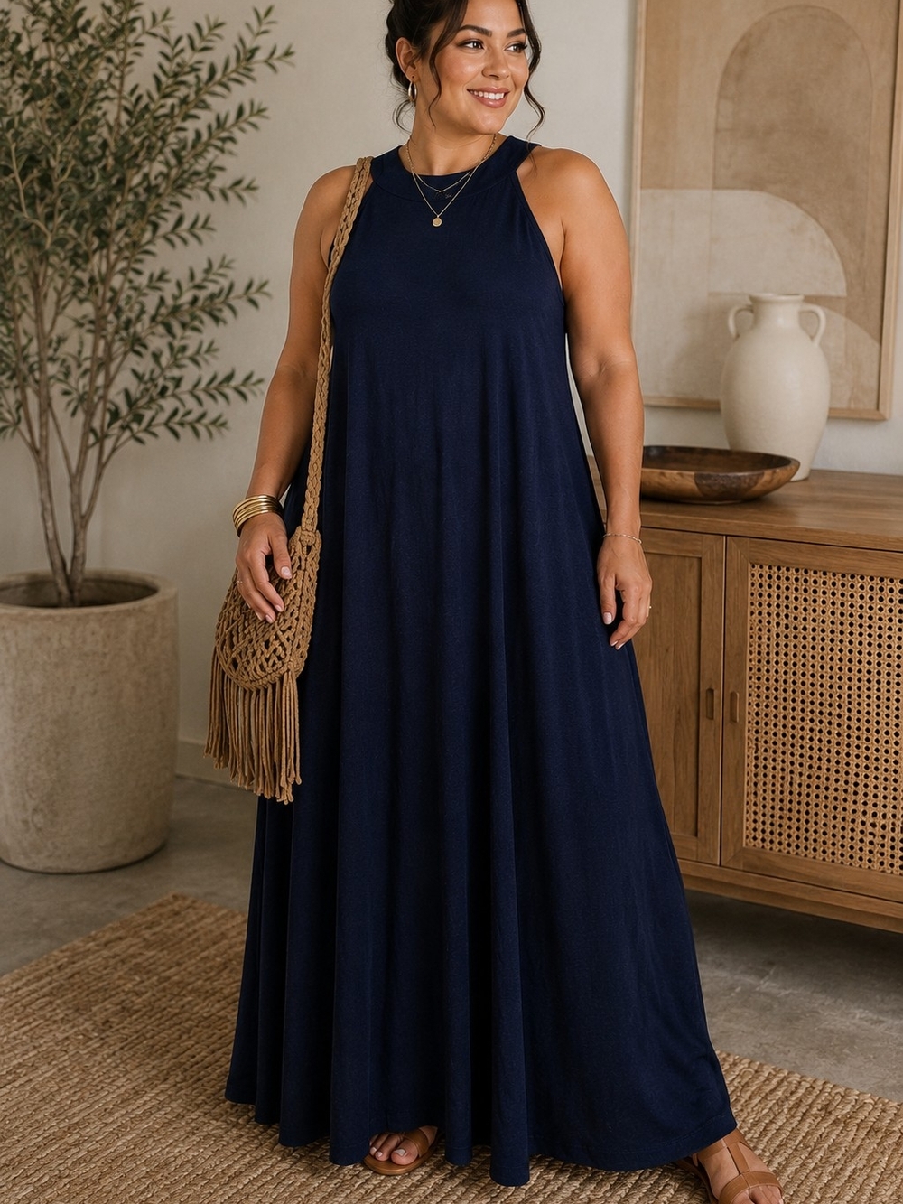 Brand New Navy Blue High Neck Maxi Dress – Approx. Size 14–16 New